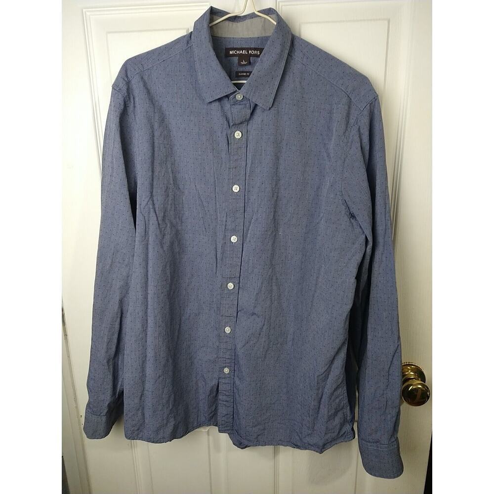 Michael Kors Men L Shirt Button Collared Long Sleeve Blue Collared Button Wrist